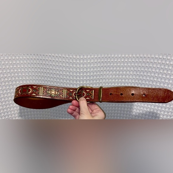 Women’s PIERO brown with hand painted carved Ethnic patterns leather belt Sz 32 - Picture 14 of 15